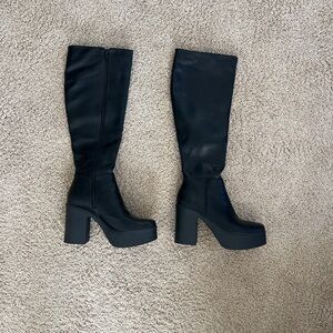 Black Chunky Heeled Knee-High Boots